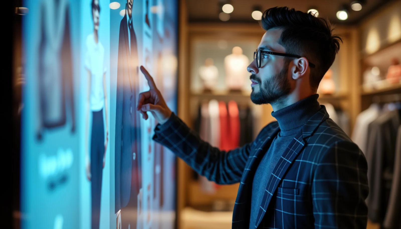 Shopper browsing a clothing range on an interactive in-store screen
