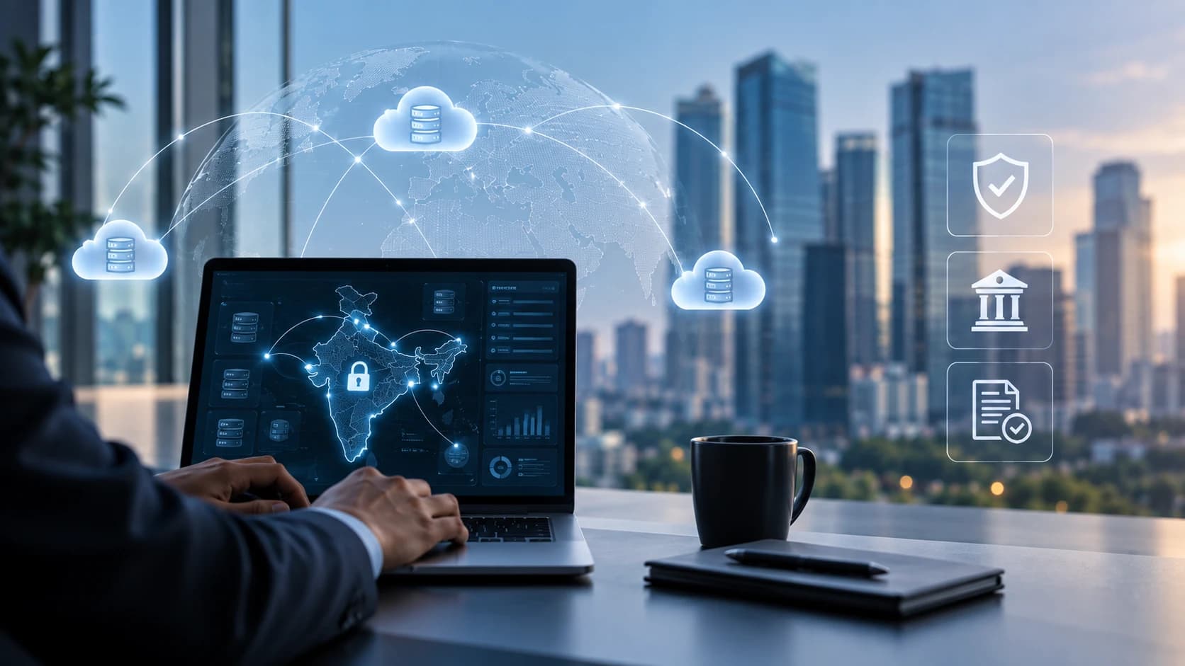 Analyst at a laptop showing an India data-residency map with cloud regions and compliance icons over a city skyline