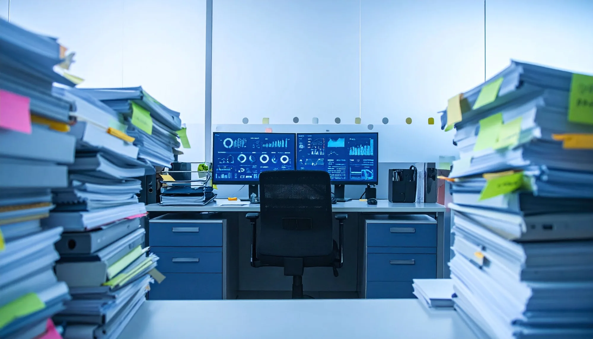 Trading desk with market data dashboards between stacks of paper records