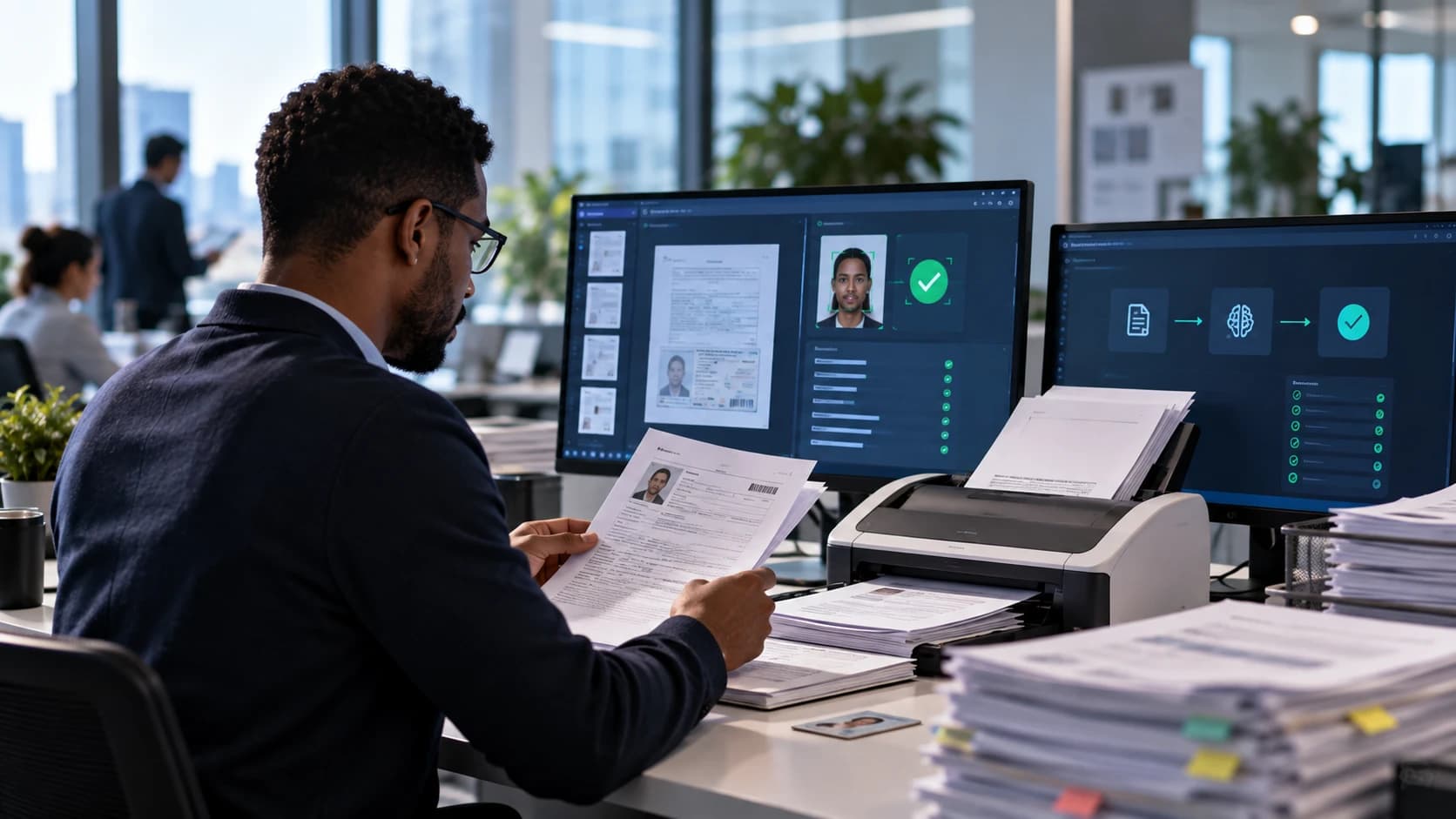 Underwriter checking an application against automated document and photo verification screens