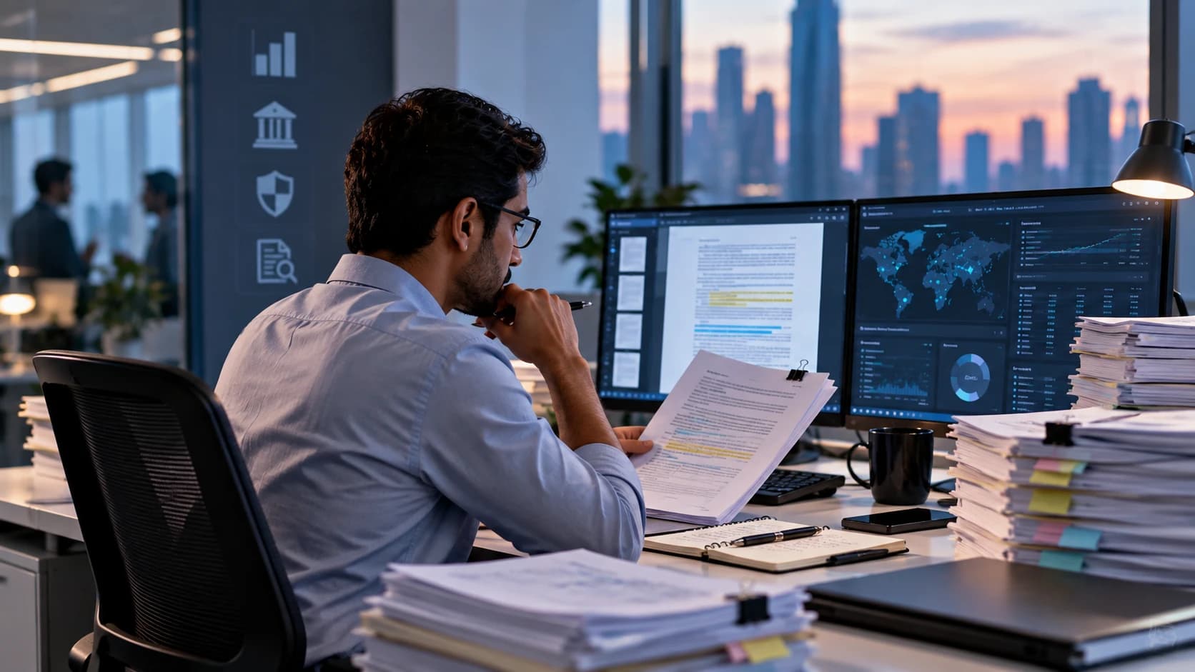Analyst reviewing a highlighted policy document beside compliance dashboards