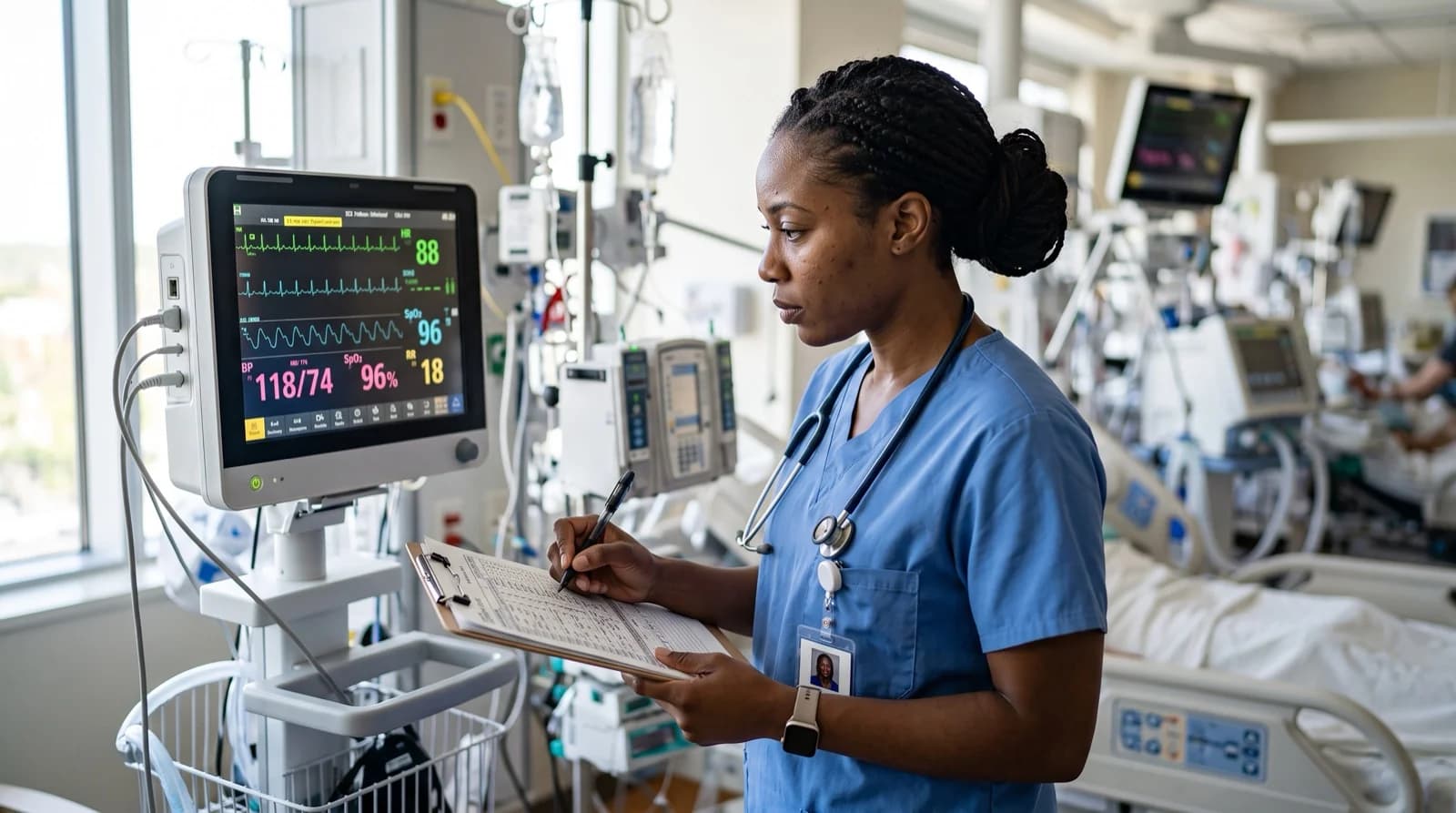Nurse charting patient vitals beside an ICU monitor