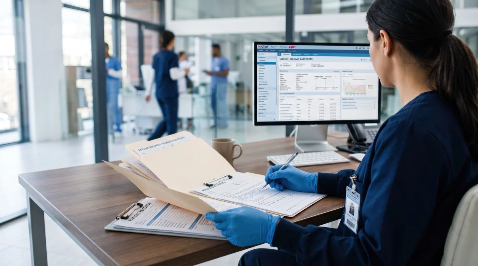 Nurse reviewing patient records alongside an EHR screen