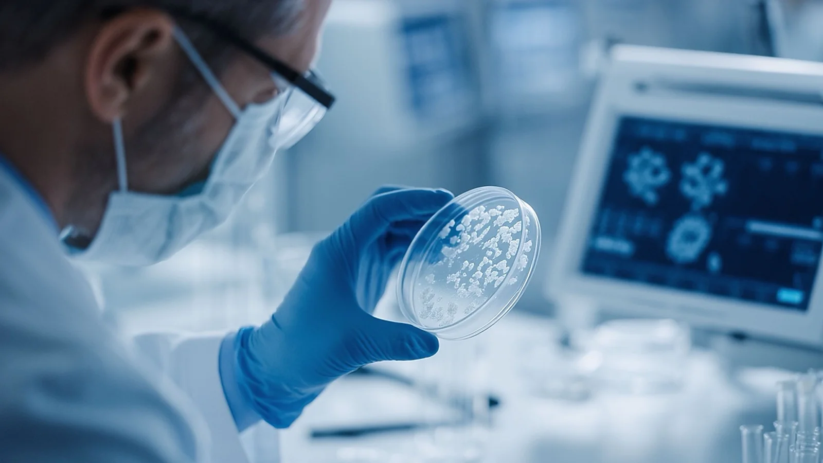Scientist examining a petri dish in a laboratory