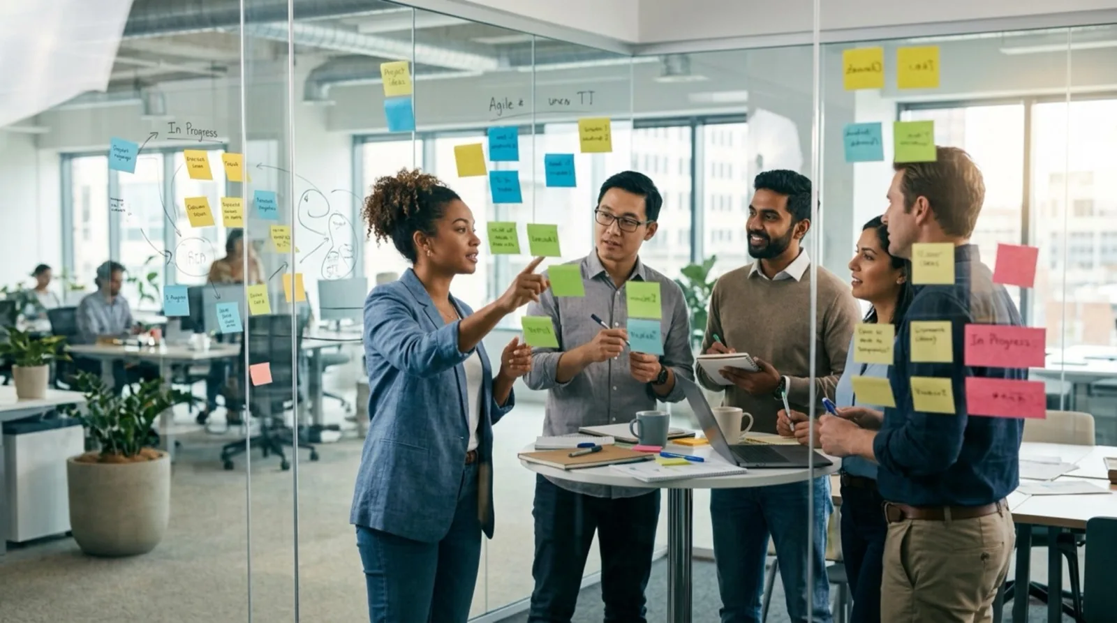 Team working through a plan on a glass board covered in sticky notes