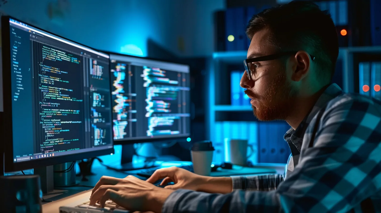 Data engineer working across dual screens of query code and pipeline output