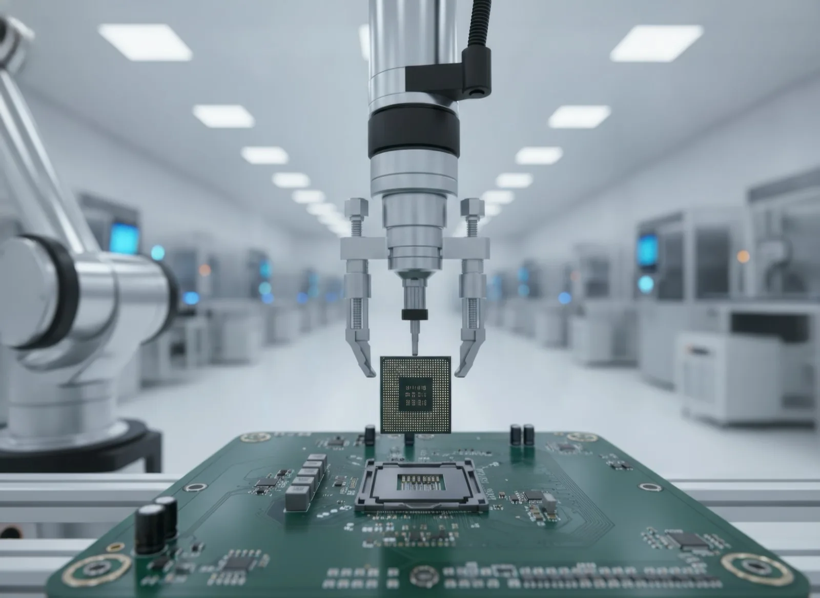 Robotic arm placing a processor onto a circuit board on a cleanroom assembly line
