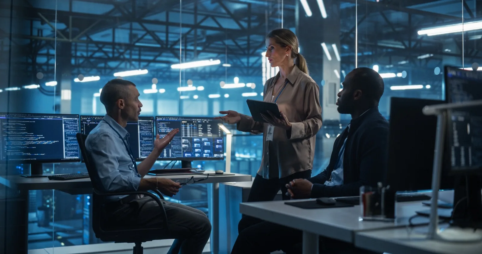 Three engineers discuss a migration in front of monitors showing code and infrastructure dashboards