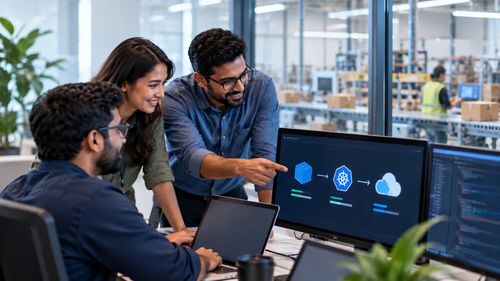 Engineering team reviewing a container-to-Kubernetes-to-cloud deployment pipeline on screen