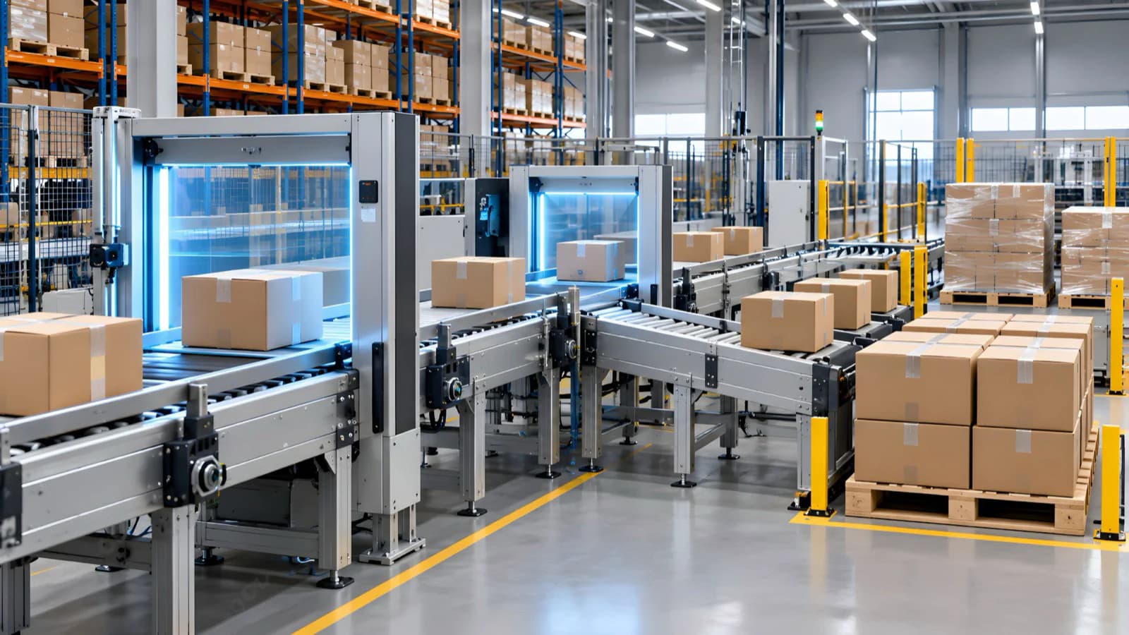 Parcels moving through scanning gates on a fulfilment-centre conveyor line