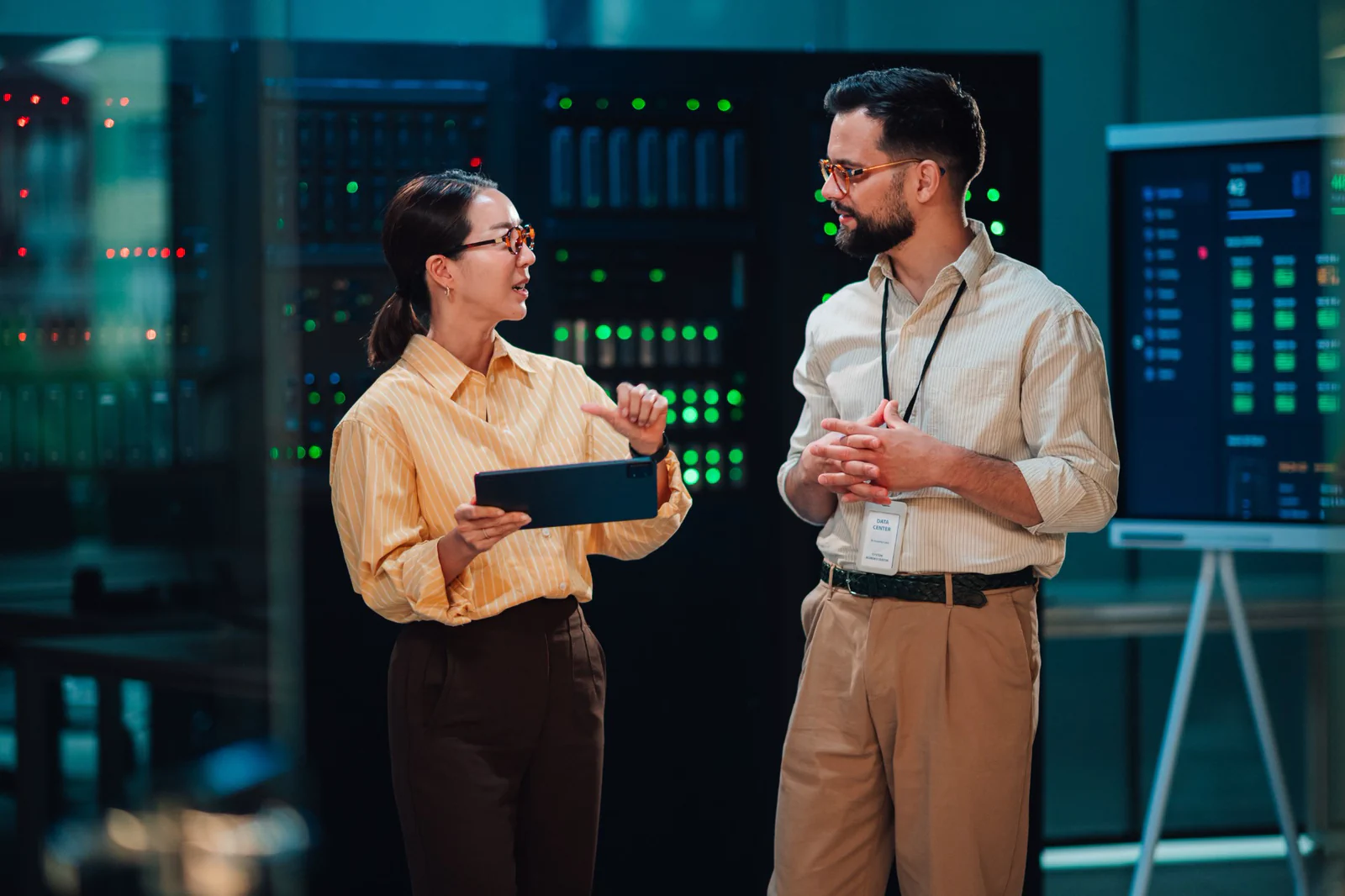 Two engineers reviewing a tablet in a data center