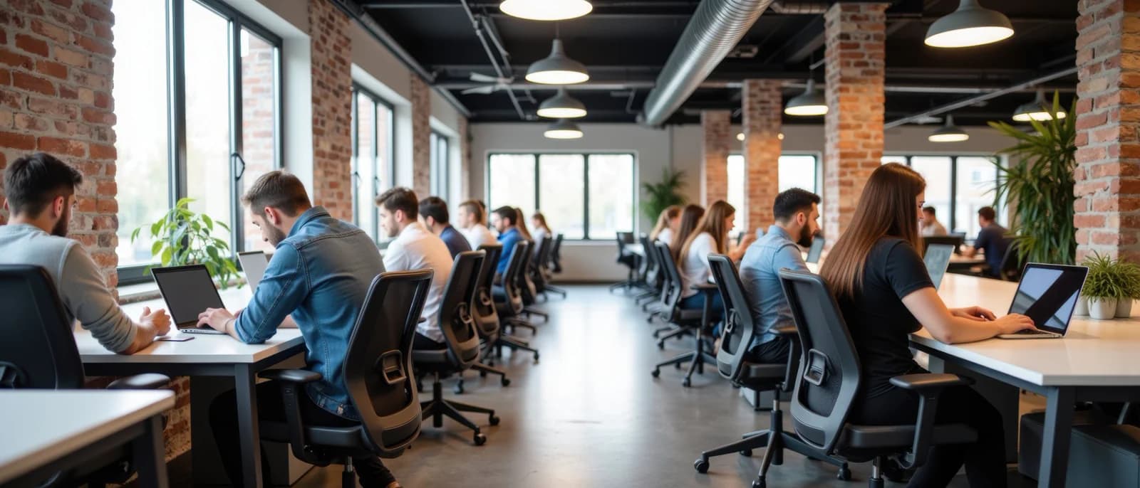 Teams working on laptops across a large open-plan office